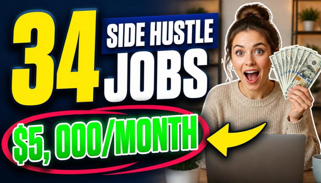 Create an ultra-clickable, premium YouTube thumbnail in 16:9 ratio (1280 × 720 px), specifically designed to attract a US and UK audience interested in side hustles, remote work, and making extra money from home. MAIN THUMBNAIL TEXT — USE ONLY: “20 SIDE HUSTLE JOBS” “$5,000/MONTH” TYPOGRAPHY: Make “20” extremely large and bold on the left side, using a heavy modern sans-serif font similar to Anton, Impact, or League Spartan Black. Use bright yellow with a thick dark navy outline and strong dimensional shadow. Place “SIDE HUSTLE” in bold uppercase white text inside a deep navy rectangular banner. Make “JOBS” large, bold, and bright white or yellow. Make “$5,000/MONTH” the strongest money hook. Use enormous bright green text with a thick white outline, dark shadow, and subtle glow. The dollar amount must be readable instantly on a small mobile screen. LAYOUT: Use a powerful split-screen composition. LEFT 55%: Large bold text arranged with strong visual hierarchy: 20 SIDE HUSTLE JOBS $5,000/MONTH RIGHT 45%: Show ONE attractive, relatable young Western woman, around 25–35 years old, sitting in a stylish modern home office with a laptop. She is holding a fan of US dollar bills and has an excited, surprised facial expression. She should look authentic, aspirational, and relatable to a US and UK millennial and Gen Z audience — not overly glamorous or like a generic corporate stock model. Add a thick clean white outline around the woman to create a professional YouTube thumbnail cutout effect. BACKGROUND: Use a modern, slightly blurred home-office setting with warm natural lighting. Add subtle navy and cream gradient overlays for contrast. COLOR PALETTE: Deep navy blue Bright yellow Fresh money green Clean white Warm cream The overall design should feel modern, trustworthy, energetic, premium, and financially aspirational. CTR ELEMENTS: Add ONE bold curved arrow pointing from the woman toward “$5,000/MONTH”. Add a subtle red or pink circle around the income figure. Use dramatic contrast, professional shadows, clean layering, and subtle glow. IMPORTANT CTR STRATEGY: The viewer must understand the entire topic within ONE SECOND. Visual priority: 1. “$5,000/MONTH” — strongest hook 2. “20” — numerical curiosity 3. “SIDE HUSTLE JOBS” — clear topic 4. Woman holding cash — emotional hook STYLE: High-performing American and British YouTube finance channel aesthetic, modern side hustle content, clean MrBeast-inspired visual hierarchy but adapted for a trustworthy personal finance niche, professional editorial quality, highly clickable without looking cheap or spammy. DO NOT: No extra paragraphs No small text No bullet points No excessive icons No clutter No collage No more than one person No dull pastel design No fake-looking luxury No distorted hands No extra fingers No misspelled text No unnecessary website URL Final result: a bold, premium, high-CTR YouTube thumbnail that instantly appeals to US and UK viewers searching for side hustles, work-from-home jobs, and extra income ideas.